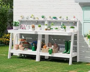 Potting Bench Outdoor with Storage Set of 2, 3-Tier HDPE Gardening Table with Angled Legs & Tool Hooks, All-Weather Heavy Duty Potting Table for Patio, Backyard, Garden, White Potting Bench Outdoor with Storage Set of 2, 3-Tier HDPE Gardening Table with Angled Legs & Tool Hooks, All-Weather Heavy Duty Potting Table for Patio, Backyard, Garden, White