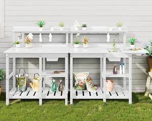 Outdoor Potting Bench 2-Piece Set, Rot-Resistant HDPE Potting Table with Removable Sink for Outside Gardening, All-Weather Use - White Outdoor Potting Bench 2-Piece Set, Rot-Resistant HDPE Potting Table with Removable Sink for Outside Gardening, All-Weather Use - White