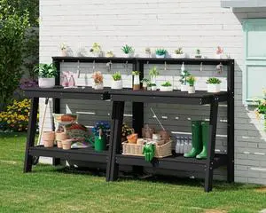 Potting Bench Outdoor with Storage Set of 2, 3-Tier HDPE Gardening Table with Angled Legs & Tool Hooks, All-Weather Heavy Duty Potting Table for Patio, Backyard, Garden, Black Potting Bench Outdoor with Storage Set of 2, 3-Tier HDPE Gardening Table with Angled Legs & Tool Hooks, All-Weather Heavy Duty Potting Table for Patio, Backyard, Garden, Black
