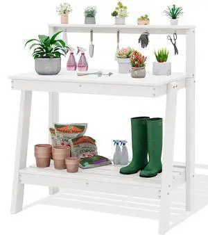 Potting Bench Outdoor with Storage, 3-Tier HDPE Gardening Table with Angled Legs & Tool Hooks, All-Weather Heavy Duty Potting Table for Patio, Backyard, Garden, White Potting Bench Outdoor with Storage, 3-Tier HDPE Gardening Table with Angled Legs & Tool Hooks, All-Weather Heavy Duty Potting Table for Patio, Backyard, Garden, White
