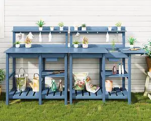 Outdoor Potting Bench 2-Piece Set, Rot-Resistant HDPE Potting Table with Removable Sink for Outside Gardening, All-Weather Use - Blue Outdoor Potting Bench 2-Piece Set, Rot-Resistant HDPE Potting Table with Removable Sink for Outside Gardening, All-Weather Use - Blue
