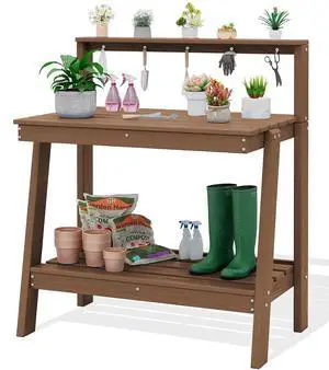 Outdoor Potting Bench with Storage, 3-Tier HDPE Gardening Table with Angled Legs & Tool Hooks, All-Weather Use Heavy Duty Potting Table for Patio, Backyard, Garden, Brown Outdoor Potting Bench with Storage, 3-Tier HDPE Gardening Table with Angled Legs & Tool Hooks, All-Weather Use Heavy Duty Potting Table for Patio, Backyard, Garden, Brown
