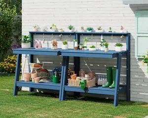 Potting Bench Outdoor with Storage Set of 2, 3-Tier HDPE Gardening Table with Angled Legs & Tool Hooks, All-Weather Heavy Duty Potting Table for Patio, Backyard, Garden, Blue Potting Bench Outdoor with Storage Set of 2, 3-Tier HDPE Gardening Table with Angled Legs & Tool Hooks, All-Weather Heavy Duty Potting Table for Patio, Backyard, Garden, Blue