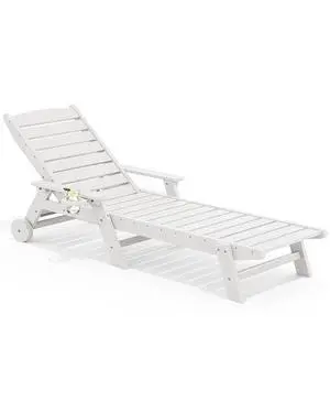 Patio Chaise Lounge Chair, 78'' Long HDPE 5 Positions Adjustable Outdoor Lounger, Poly Lounge Chair with Rolling Wheels & Cup Holder for Pool, Light White Patio Chaise Lounge Chair, 78'' Long HDPE 5 Positions Adjustable Outdoor Lounger, Poly Lounge Chair with Rolling Wheels & Cup Holder for Pool, Light White