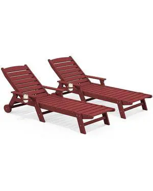 Patio Chaise Lounge Chair Set of 2, 78'' Long 5-Positions Adjustable HDPE Outdoor Lounger for Pool, Poly Lounge Chair with Rolling Wheels & Cup Holder for Poolside, Deck, Dark Red Patio Chaise Lounge Chair Set of 2, 78'' Long 5-Positions Adjustable HDPE Outdoor Lounger for Pool, Poly Lounge Chair with Rolling Wheels & Cup Holder for Poolside, Deck, Dark Red
