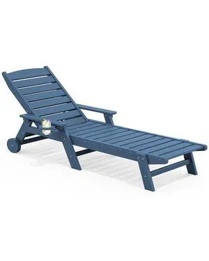 Patio Chaise Lounge Chair, 78'' Long HDPE 5 Positions Adjustable Outdoor Lounger, Poly Lounge Chair with Rolling Wheels & Cup Holder for Pool, Navy Blue Patio Chaise Lounge Chair, 78'' Long HDPE 5 Positions Adjustable Outdoor Lounger, Poly Lounge Chair with Rolling Wheels & Cup Holder for Pool, Navy Blue