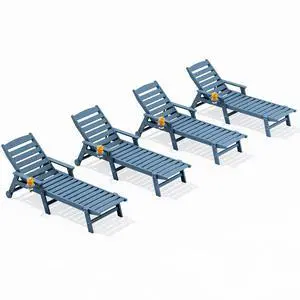 Patio Chaise Lounge Chair Set of 4, 5 Positions Adjustable Poly Outdoor Lounger for Pool, HDPE Lounge Chair with Rolling Wheels & Cup Holder for Poolside, Deck, Blue Patio Chaise Lounge Chair Set of 4, 5 Positions Adjustable Poly Outdoor Lounger for Pool, HDPE Lounge Chair with Rolling Wheels & Cup Holder for Poolside, Deck, Blue