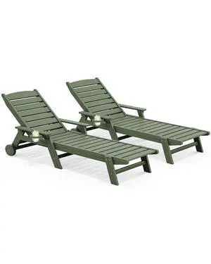 Patio Chaise Lounge Chair Set of 2, 78'' Long 5-Positions Adjustable HDPE Outdoor Lounger for Pool, Poly Lounge Chair with Rolling Wheels & Cup Holder for Poolside, Deck, Avocado Green Patio Chaise Lounge Chair Set of 2, 78'' Long 5-Positions Adjustable HDPE Outdoor Lounger for Pool, Poly Lounge Chair with Rolling Wheels & Cup Holder for Poolside, Deck, Avocado Green
