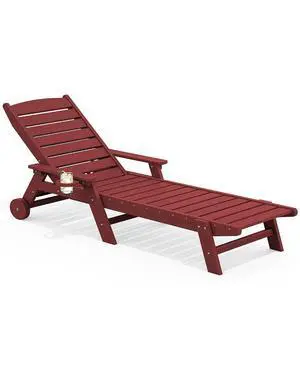 Patio Chaise Lounge Chair, 78'' Long HDPE 5 Positions Adjustable Outdoor Lounger, Poly Lounge Chair with Rolling Wheels & Cup Holder for Pool, Dark Red Patio Chaise Lounge Chair, 78'' Long HDPE 5 Positions Adjustable Outdoor Lounger, Poly Lounge Chair with Rolling Wheels & Cup Holder for Pool, Dark Red