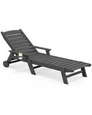 Patio Chaise Lounge Chair, 78'' Long HDPE 5 Positions Adjustable Outdoor Lounger, Poly Lounge Chair with Rolling Wheels & Cup Holder for Pool, Slate Gray Patio Chaise Lounge Chair, 78'' Long HDPE 5 Positions Adjustable Outdoor Lounger, Poly Lounge Chair with Rolling Wheels & Cup Holder for Pool, Slate Gray