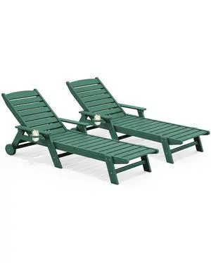 Patio Chaise Lounge Chair Set of 2, 78'' Long 5-Positions Adjustable HDPE Outdoor Lounger for Pool, Poly Lounge Chair with Rolling Wheels & Cup Holder for Poolside, Deck, Dark Green Patio Chaise Lounge Chair Set of 2, 78'' Long 5-Positions Adjustable HDPE Outdoor Lounger for Pool, Poly Lounge Chair with Rolling Wheels & Cup Holder for Poolside, Deck, Dark Green