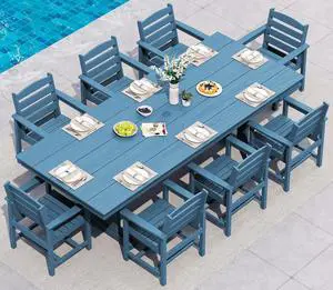 9 Piece Outdoor Dining Set, 84" HDPE Outdoor Table and Chairs for 8All Weather Patio Furniture Set with Umbrella Hole for Backyard, Garden, Blue 9 Piece Outdoor Dining Set, 84" HDPE Outdoor Table and Chairs for 8All Weather Patio Furniture Set with Umbrella Hole for Backyard, Garden, Blue