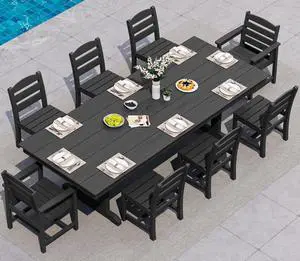9 Piece Outdoor Dining Set, 84" HDPE Outdoor Table with 6 Armless Chairs and 2 Armchairs All Weather Patio Dining Furniture Set with Umbrella Hole for Backyard, Garden, Black 9 Piece Outdoor Dining Set, 84" HDPE Outdoor Table with 6 Armless Chairs and 2 Armchairs All Weather Patio Dining Furniture Set with Umbrella Hole for Backyard, Garden, Black