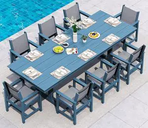 9 Piece Outdoor Dining Set, 84" HDPE Outdoor Large Table and Textilene Sling Chairs for 8All Weather Patio Dining Furniture Set with Umbrella Hole for Backyard, Garden, Blue 9 Piece Outdoor Dining Set, 84" HDPE Outdoor Large Table and Textilene Sling Chairs for 8All Weather Patio Dining Furniture Set with Umbrella Hole for Backyard, Garden, Blue