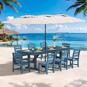 10 Piece Outdoor Dining Set with 15ft Triple-Head Foldable Umbrella(Based not Included), 84" HDPE Outdoor Table and Armless Chairs Set for 8, Blue 10 Piece Outdoor Dining Set with 15ft Triple-Head Foldable Umbrella(Based not Included), 84" HDPE Outdoor Table and Armless Chairs Set for 8, Blue