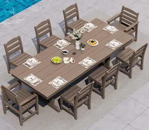 9 Piece Outdoor Dining Set, 84" HDPE Outdoor Table with 6 Armless Chairs and 2 Armchairs All Weather Patio Dining Furniture Set with Umbrella Hole for Backyard, Garden, Brown 9 Piece Outdoor Dining Set, 84" HDPE Outdoor Table with 6 Armless Chairs and 2 Armchairs All Weather Patio Dining Furniture Set with Umbrella Hole for Backyard, Garden, Brown