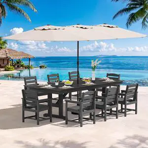 10 Piece Outdoor Dining Set with 15ft Triple-Head Foldable Umbrella(Based not Included), 84" HDPE Outdoor Table and Chairs for 8, Black 10 Piece Outdoor Dining Set with 15ft Triple-Head Foldable Umbrella(Based not Included), 84" HDPE Outdoor Table and Chairs for 8, Black