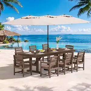 10 Piece Outdoor Dining Set with 15ft Triple-Head Foldable Umbrella(Based not Included), 84" HDPE Outdoor Table and Chairs for 8, Brown 10 Piece Outdoor Dining Set with 15ft Triple-Head Foldable Umbrella(Based not Included), 84" HDPE Outdoor Table and Chairs for 8, Brown