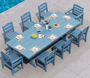 9 Piece Outdoor Dining Set, 84" HDPE Outdoor Table with 6 Armless Chairs and 2 Armchairs All Weather Patio Dining Furniture Set with Umbrella Hole for Backyard, Garden, Blue 9 Piece Outdoor Dining Set, 84" HDPE Outdoor Table with 6 Armless Chairs and 2 Armchairs All Weather Patio Dining Furniture Set with Umbrella Hole for Backyard, Garden, Blue