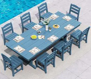 9 Piece Outdoor Dining Set, 84" HDPE Outdoor Table and Armless Chairs Set for 8All Weather Patio Furniture Set with Umbrella Hole for Backyard, Garden, Blue 9 Piece Outdoor Dining Set, 84" HDPE Outdoor Table and Armless Chairs Set for 8All Weather Patio Furniture Set with Umbrella Hole for Backyard, Garden, Blue