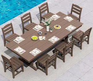 9 Piece Outdoor Dining Set, 84" HDPE Outdoor Table and Armless Chairs Set for 8All Weather Patio Furniture Set with Umbrella Hole for Backyard, Garden, Brown 9 Piece Outdoor Dining Set, 84" HDPE Outdoor Table and Armless Chairs Set for 8All Weather Patio Furniture Set with Umbrella Hole for Backyard, Garden, Brown