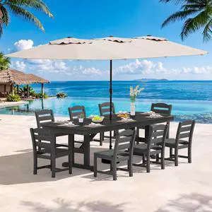 10 Piece Outdoor Dining Set with 15ft Triple-Head Foldable Umbrella(Based not Included), 84" HDPE Outdoor Table and Armless Chairs Set for 8, Black 10 Piece Outdoor Dining Set with 15ft Triple-Head Foldable Umbrella(Based not Included), 84" HDPE Outdoor Table and Armless Chairs Set for 8, Black