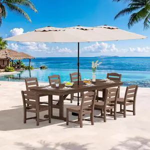 10 Piece Outdoor Dining Set with 15ft Triple-Head Foldable Umbrella(Based not Included), 84" HDPE Outdoor Table and Armless Chairs Set for 8, Brown 10 Piece Outdoor Dining Set with 15ft Triple-Head Foldable Umbrella(Based not Included), 84" HDPE Outdoor Table and Armless Chairs Set for 8, Brown