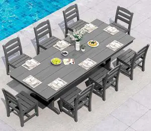9 Piece Outdoor Dining Set, 84" HDPE Outdoor Table and Armless Chairs Set for 8All Weather Patio Furniture Set with Umbrella Hole for Backyard, Garden, Gray 9 Piece Outdoor Dining Set, 84" HDPE Outdoor Table and Armless Chairs Set for 8All Weather Patio Furniture Set with Umbrella Hole for Backyard, Garden, Gray