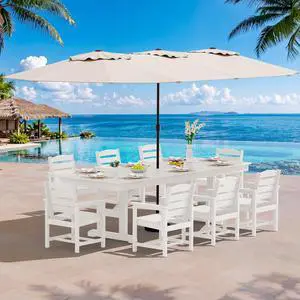 10 Piece Outdoor Dining Set with 15ft Triple-Head Foldable Umbrella(Based not Included), 84" HDPE Outdoor Table and Chairs for 8, White 10 Piece Outdoor Dining Set with 15ft Triple-Head Foldable Umbrella(Based not Included), 84" HDPE Outdoor Table and Chairs for 8, White