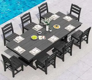9 Piece Outdoor Dining Set, 84" HDPE Outdoor Table and Armless Chairs Set for 8All Weather Patio Furniture Set with Umbrella Hole for Backyard, Garden, Black 9 Piece Outdoor Dining Set, 84" HDPE Outdoor Table and Armless Chairs Set for 8All Weather Patio Furniture Set with Umbrella Hole for Backyard, Garden, Black