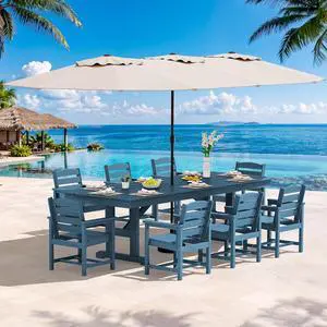 10 Piece Outdoor Dining Set with 15ft Triple-Head Foldable Umbrella(Based not Included), 84" HDPE Outdoor Table and Chairs for 8, Blue 10 Piece Outdoor Dining Set with 15ft Triple-Head Foldable Umbrella(Based not Included), 84" HDPE Outdoor Table and Chairs for 8, Blue