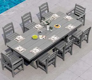 9 Piece Outdoor Dining Set, 84" HDPE Outdoor Table with 6 Armless Chairs and 2 Armchairs All Weather Patio Dining Furniture Set with Umbrella Hole for Backyard, Garden, Gray 9 Piece Outdoor Dining Set, 84" HDPE Outdoor Table with 6 Armless Chairs and 2 Armchairs All Weather Patio Dining Furniture Set with Umbrella Hole for Backyard, Garden, Gray