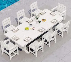 9 Piece Outdoor Dining Set, 84" HDPE Outdoor Table with 6 Armless Chairs and 2 Armchairs All Weather Patio Dining Furniture Set with Umbrella Hole for Backyard, Garden, White 9 Piece Outdoor Dining Set, 84" HDPE Outdoor Table with 6 Armless Chairs and 2 Armchairs All Weather Patio Dining Furniture Set with Umbrella Hole for Backyard, Garden, White