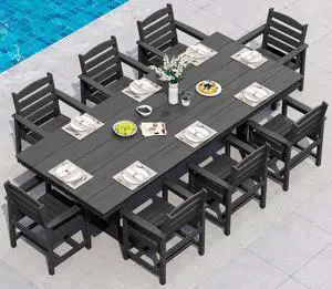 9 Piece Outdoor Dining Set, 84" HDPE Outdoor Table and Chairs for 8All Weather Patio Dining Furniture Set with Umbrella Hole for Backyard, Garden, Black 9 Piece Outdoor Dining Set, 84" HDPE Outdoor Table and Chairs for 8All Weather Patio Dining Furniture Set with Umbrella Hole for Backyard, Garden, Black