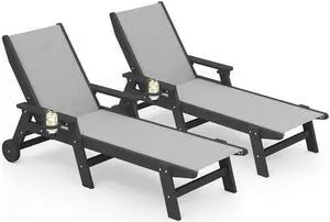 Textilene Patio Chaise Lounge Chair Set of 2, HDPE Outdoor Lounger for Pool, Black Textilene Patio Chaise Lounge Chair Set of 2, HDPE Outdoor Lounger for Pool, Black