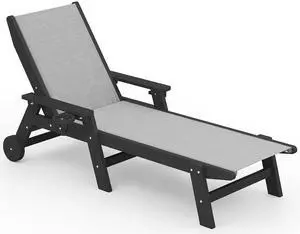 Textilene Patio Chaise Lounge Chair, HDPE Outdoor Lounger with Rolling Wheels for Pool, Deck, Black Textilene Patio Chaise Lounge Chair, HDPE Outdoor Lounger with Rolling Wheels for Pool, Deck, Black