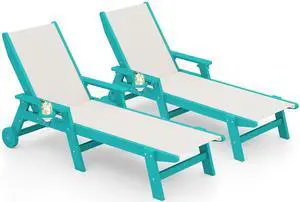 Textilene Patio Chaise Lounge Chair Set of 2, 5 Positions Outdoor Lounger with Rolling Wheels for Pool, Deck, Aruba Blue Textilene Patio Chaise Lounge Chair Set of 2, 5 Positions Outdoor Lounger with Rolling Wheels for Pool, Deck, Aruba Blue