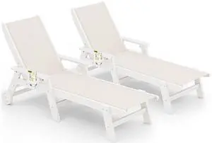 Textilene Patio Chaise Lounge Chair Set of 2, 5 Positions Outdoor Lounger with Rolling Wheels for Pool, Deck, White Textilene Patio Chaise Lounge Chair Set of 2, 5 Positions Outdoor Lounger with Rolling Wheels for Pool, Deck, White