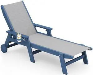 Textilene Patio Chaise Lounge Chair, 5 Positions Adjustable Outdoor Lounger with Rolling Wheels for Pool, Deck, Blue Textilene Patio Chaise Lounge Chair, 5 Positions Adjustable Outdoor Lounger with Rolling Wheels for Pool, Deck, Blue