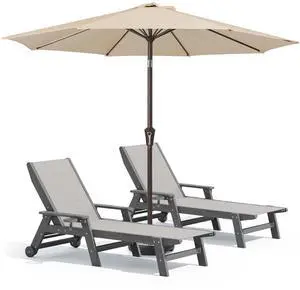 Textilene Patio Chaise Lounge Chair Set of 2 with 9FT Patio Umbrella, Grey (Umbreall Base not Included) Textilene Patio Chaise Lounge Chair Set of 2 with 9FT Patio Umbrella, Grey (Umbreall Base not Included)