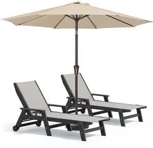 Textilene Patio Chaise Lounge Chair Set of 2 with 9FT Patio Umbrella, Black (Umbreall Base not Included) Textilene Patio Chaise Lounge Chair Set of 2 with 9FT Patio Umbrella, Black (Umbreall Base not Included)