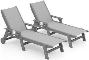 Textilene Patio Chaise Lounge Chair Set of 2, HDPE Outdoor Lounger for Pool, Deck, Gray Textilene Patio Chaise Lounge Chair Set of 2, HDPE Outdoor Lounger for Pool, Deck, Gray
