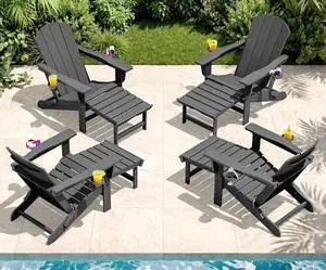 Folding Adjustable Adirondack Chairs with Footrest Set of 4, HDPE Outdoor Chair with Dual Cup Holders, All Weather Adirondack Chair with Ottoman, Gray Folding Adjustable Adirondack Chairs with Footrest Set of 4, HDPE Outdoor Chair with Dual Cup Holders, All Weather Adirondack Chair with Ottoman, Gray