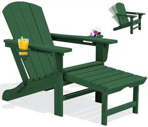 Folding Adjustable Adirondack Chair with Footrest, HDPE Outdoor Chair with Dual Cup Holders, All Weather Adirondack Chair with Ottoman, Green Folding Adjustable Adirondack Chair with Footrest, HDPE Outdoor Chair with Dual Cup Holders, All Weather Adirondack Chair with Ottoman, Green