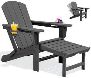 Folding Adjustable Adirondack Chair with Footrest, HDPE Outdoor Chair with Dual Cup Holders, All Weather Adirondack Chair with Ottoman, Gray Folding Adjustable Adirondack Chair with Footrest, HDPE Outdoor Chair with Dual Cup Holders, All Weather Adirondack Chair with Ottoman, Gray