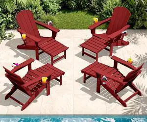 Folding Adjustable Adirondack Chairs with Footrest Set of 4, HDPE Outdoor Chair with Dual Cup Holders, All Weather Adirondack Chair with Ottoman, Red Folding Adjustable Adirondack Chairs with Footrest Set of 4, HDPE Outdoor Chair with Dual Cup Holders, All Weather Adirondack Chair with Ottoman, Red