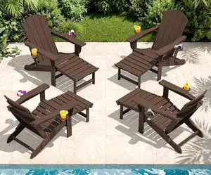 Folding Adjustable Adirondack Chairs with Footrest Set of 4, HDPE Outdoor Chair with Dual Cup Holders, All Weather Adirondack Chair with Ottoman, Coffee Folding Adjustable Adirondack Chairs with Footrest Set of 4, HDPE Outdoor Chair with Dual Cup Holders, All Weather Adirondack Chair with Ottoman, Coffee