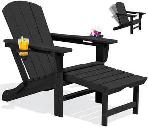 Folding Adjustable Adirondack Chair with Footrest, HDPE Outdoor Chair with Dual Cup Holders, All Weather Adirondack Chair with Ottoman, Black Folding Adjustable Adirondack Chair with Footrest, HDPE Outdoor Chair with Dual Cup Holders, All Weather Adirondack Chair with Ottoman, Black