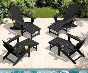 Folding Adjustable Adirondack Chairs with Footrest Set of 4, HDPE Outdoor Chair with Dual Cup Holders, All Weather Adirondack Chair with Ottoman, Black Folding Adjustable Adirondack Chairs with Footrest Set of 4, HDPE Outdoor Chair with Dual Cup Holders, All Weather Adirondack Chair with Ottoman, Black