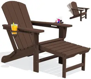 Folding Adjustable Adirondack Chair with Footrest, HDPE Outdoor Chair with Dual Cup Holders, All Weather Adirondack Chair with Ottoman, Coffee Folding Adjustable Adirondack Chair with Footrest, HDPE Outdoor Chair with Dual Cup Holders, All Weather Adirondack Chair with Ottoman, Coffee